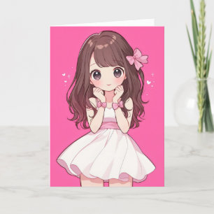 Kawaii Chibi Anime Girl Pink Feestdagen Kaart
