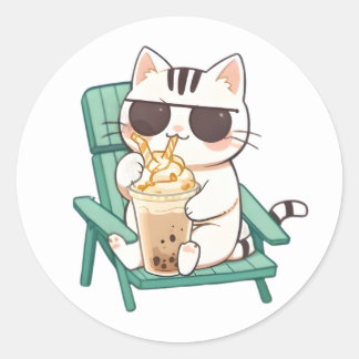 Kawaii Chibi Kat in Zonnebril die Frappè Drinkt Ronde Sticker