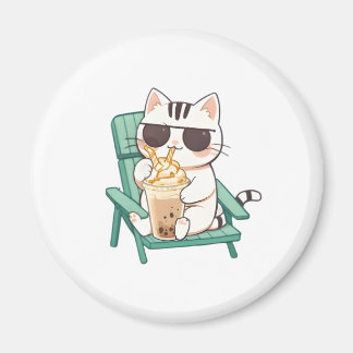 Kawaii Chibi Kat in Zonnebril Drinkend Frappè Magneet