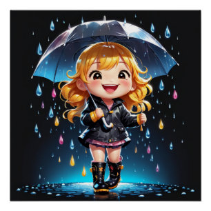 Kawaii Chibi meisje in een vreugdevolle regenachti Perfect Poster