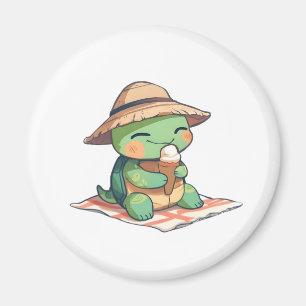 Kawaii Chibi Schildpad in Strohoed Eet Ijs Magneet