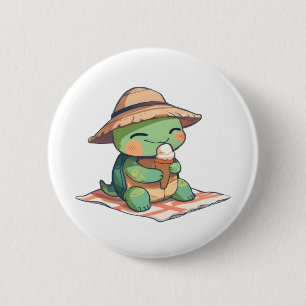Kawaii Chibi Schildpad in Strohoed Eet Ijs Ronde Button 5,7 Cm