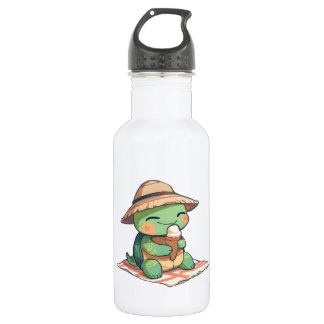 Kawaii Chibi Schildpad in Strohoed Eet Ijsje Waterfles