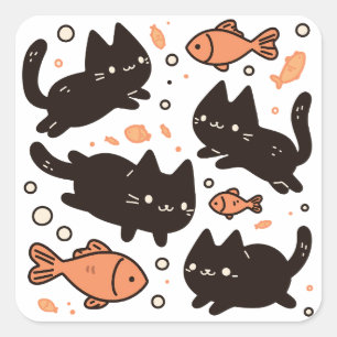 Kawaii Chibi zwarte kat patroon met goudvis Vierkante Sticker