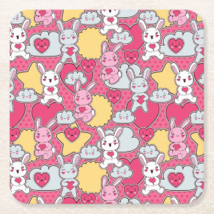 Kawaii Child Pattern met Cute Doodles 2 Vierkante Kartonnen Onderzetter