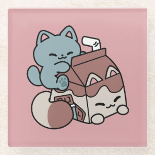 Kawaii Chocolademelk Kat – Cozy Drank & Schattighe Glazen Onderzetter