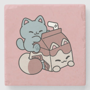 Kawaii Chocolademelk Kat – Cozy Drank & Schattighe Stenen Onderzetter