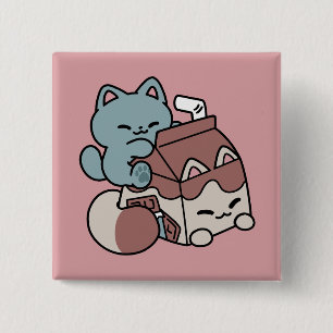 Kawaii Chocolademelk Kat – Cozy Drank & Schattighe Vierkante Button 5,1 Cm