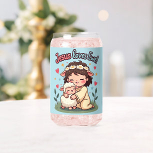 Kawaii Christelijk "Jesus Loves Ewe" Pastelontwerp Blikvorm Glas