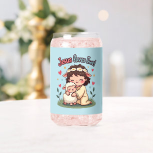 Kawaii Christelijk "Jesus Loves Ewe" Pastelontwerp Blikvorm Glas