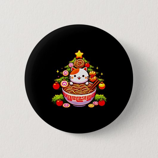 Kawaii Christmas Cat Ramen Christmas Tree Holiday Ronde Button 5,7 Cm (Voorkant)