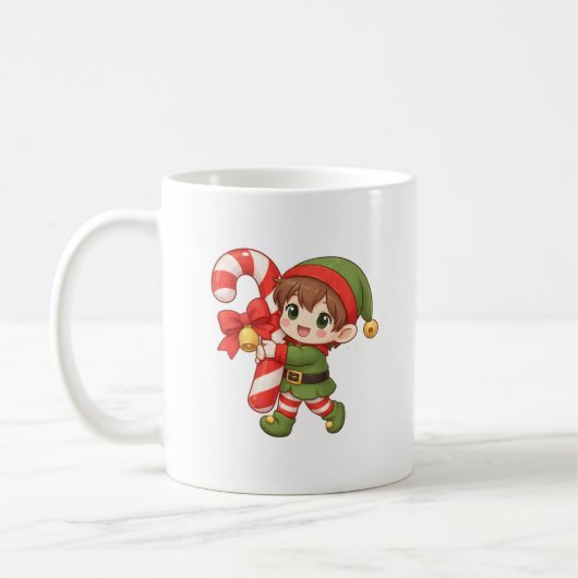 Kawaii Christmas Elf Mug with Candy Cane (Gauche)