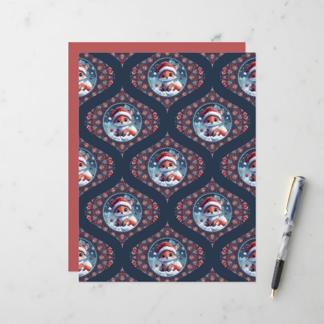 Kawaii Christmas Fox Dot Mandala Ogee Damask Paper (Voorkant / Achterkant in situ)
