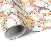 Kawaii Chubby Cartoon Katten met Harten Cadeaupapier (Rol Hoek)