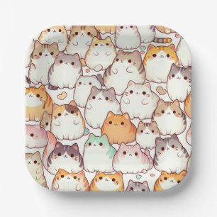 Kawaii Chubby Cartoon Katten met Harten Papieren Bordje