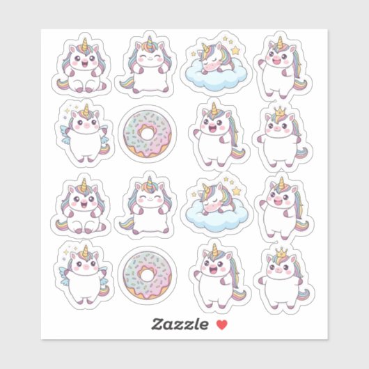 Kawaii Chubby Unicorn & Donut Sticker Blad – Schat (Vel)