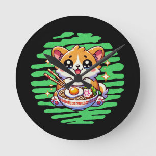 Kawaii Corgi eet kom van Ramen Ronde Klok
