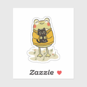 Kawaii Cottagecore Kikker En Zwarte Kat Illustrati Sticker