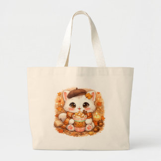 Kawaii Cozy Autumn Latte Kitty – Cute Fall Cat Grote Tote Bag