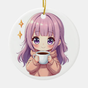 Kawaii Cozy Coffee Girl – Pastel Esthetische stick Keramisch Ornament