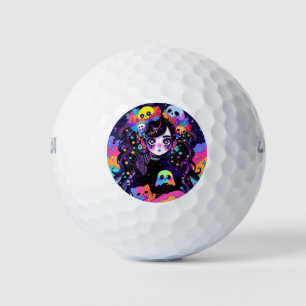 Kawaii Creepy Neon Gothic Anime Meisje en Skulls Golfballen