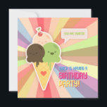 Kawaii Crème de glace Invitation fête d'anniversai<br><div class="desc">Modèle de fête d'anniversaire personnalisable avec design vectoriel kawaii avec un cône de crème glacée mignon avec des visages heureux chocolat, cerise et crème glacée à la menthe sur les couleurs arc-en-ciel arrière - plan radial. Personnalisez-le avec votre propre texte sur les deux côtés ou customisez-le plus si vous souhaitez...</div>