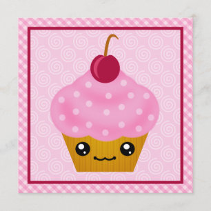Kawaii Cupcake Cherry Birthday Party Kaart