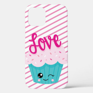 Kawaii Cupcake Love Pink Blauwgroen Stripe Cute Gi iPhone 12 Hoesje