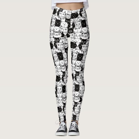 Kawaii Cute Black en White Cat Pattern Leggings (Voorkant)