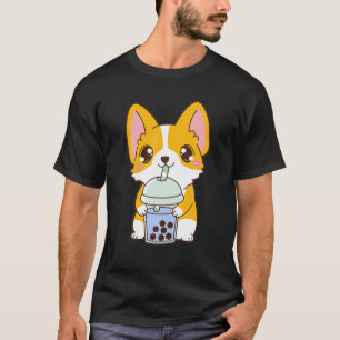 Kawaii Cute Boba Corgi Dog Blue Bubble Milk Tea T-shirt