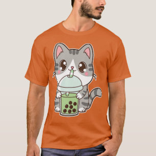Kawaii Cute Boba Kitty Cat Green Bubble Pearl Milk T-shirt