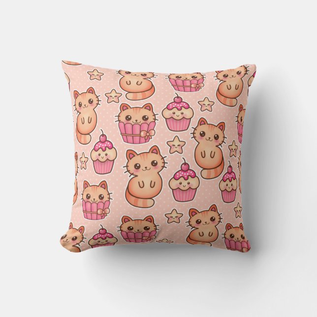 Kawaii Cute Cats and Cupcakes Pink Pattern Kussen (Voorkant)