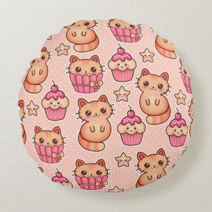 Kawaii Cute Cats and Cupcakes Pink Pattern Rond Kussen
