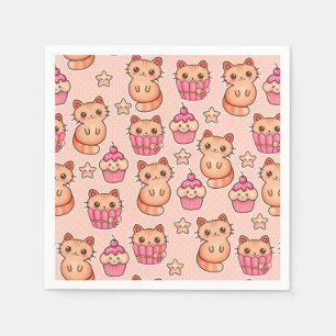 Kawaii Cute Cats and Cupcakes Pink Pattern Servetten