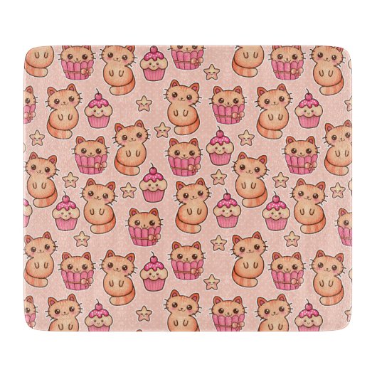 Kawaii Cute Cats and Cupcakes Pink Pattern Snijplank (Voorkant)