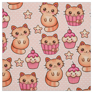 Kawaii Cute Cats and Cupcakes Pink Pattern Stof
