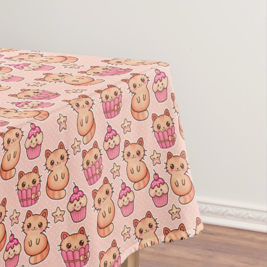 Kawaii Cute Cats and Cupcakes Pink Pattern Tafelkleed (Voorbeeld)