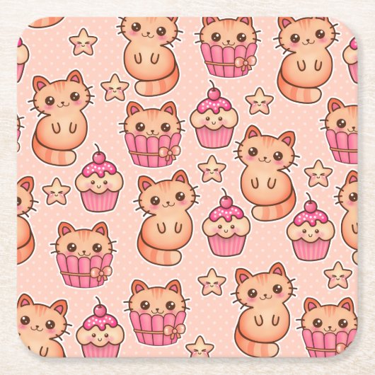 Kawaii Cute Cats and Cupcakes Pink Pattern Vierkante Kartonnen Onderzetter (Voorkant)