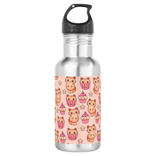 Kawaii Cute Cats and Cupcakes Pink Pattern Waterfles (Voorkant)