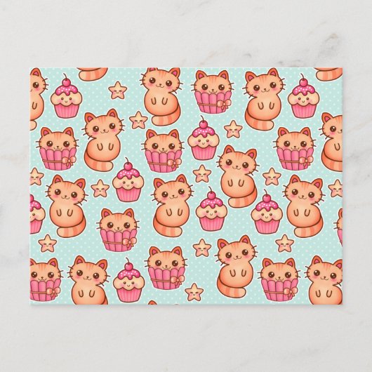 Kawaii Cute Cats Cupcakes Pink and Blue Pattern Briefkaart (Voorkant)