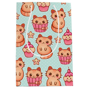 Kawaii Cute Cats Cupcakes Pink and Blue Pattern Medium Cadeauzakje
