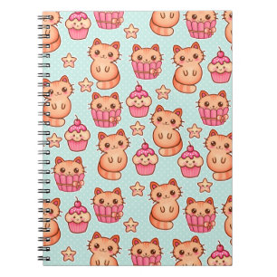 Kawaii Cute Cats Cupcakes Pink and Blue Pattern Notitieboek