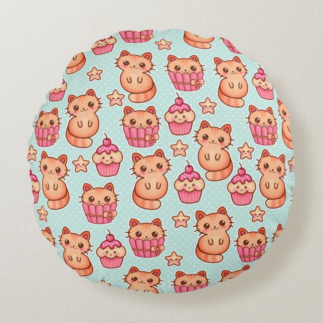 Kawaii Cute Cats Cupcakes Pink and Blue Pattern Rond Kussen (Voorkant)