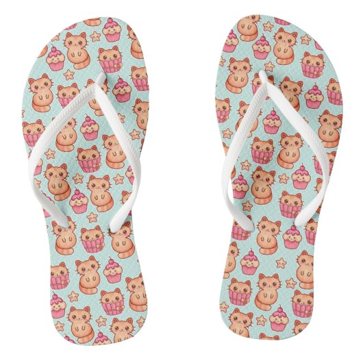 Kawaii Cute Cats Cupcakes Pink and Blue Pattern Teenslippers (Voetbed)