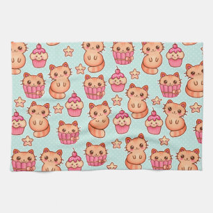 Kawaii Cute Cats Cupcakes Pink and Blue Pattern Theedoek