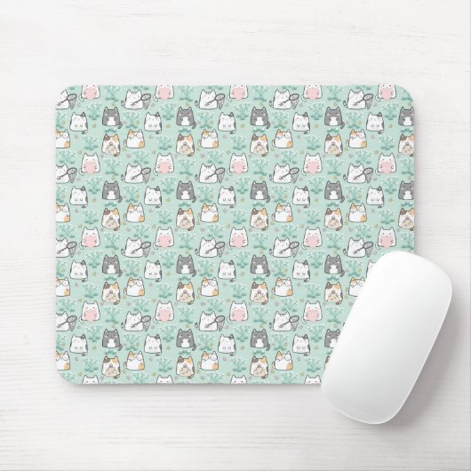 Kawaii Cute Cats & Flower Pattern Green Background Muismat (Met muis)