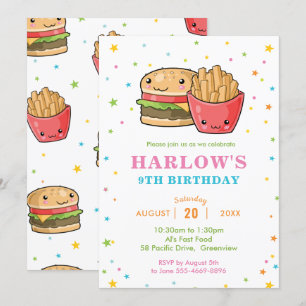 Kawaii Cute Fast Food Burger Party Girl Birthday Kaart