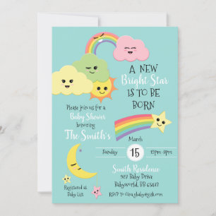 Kawaii Cute Star Moon Gender Neutral Baby shower Kaart