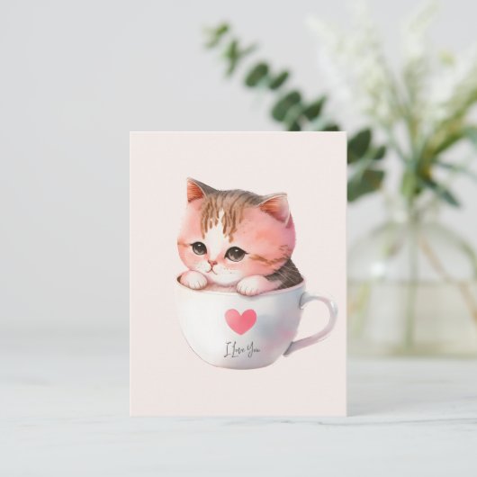 Kawaii Cute Striped Pink Chibi Cat Briefkaart (Staand voorkant)