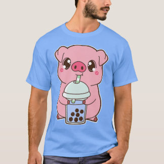 Kawaii Cute Zodiac Boba Pig Blue Bubble Pearl Milk T-shirt